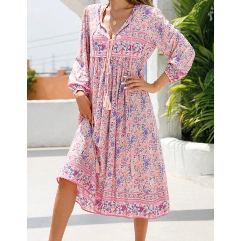 R. Vivimos Pink Floral Boho Long Sleeve Midi Dress XS Tassel Tie Cottagecore